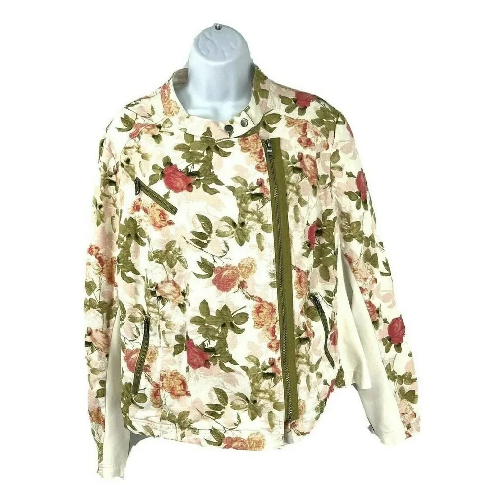 Lane Bryant Plus Size 20 Floral Moto Jacket Full Zip Pockets Ivory‎ Green